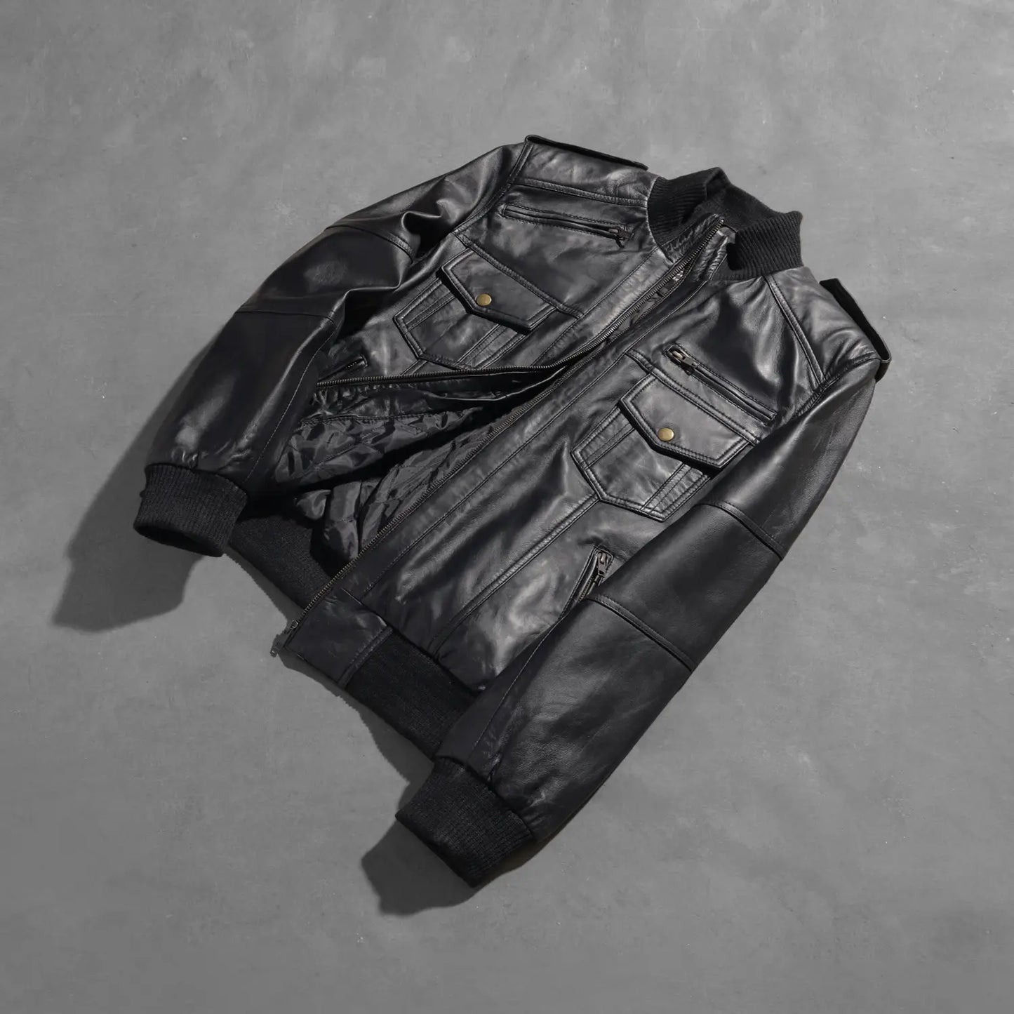 Agent Shadow Black Leather Bomber Jacket