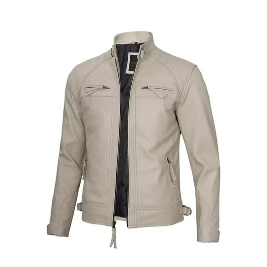 Men’s Beige Quilted Cafe Racer Leather Jacket