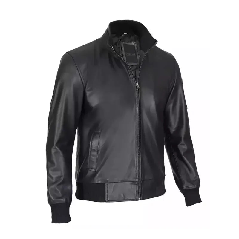 Black Cowhide Leather Bomber Jacket  Mens
