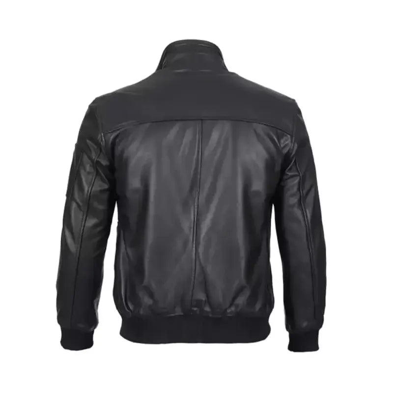 Black Cowhide Leather Bomber Jacket
