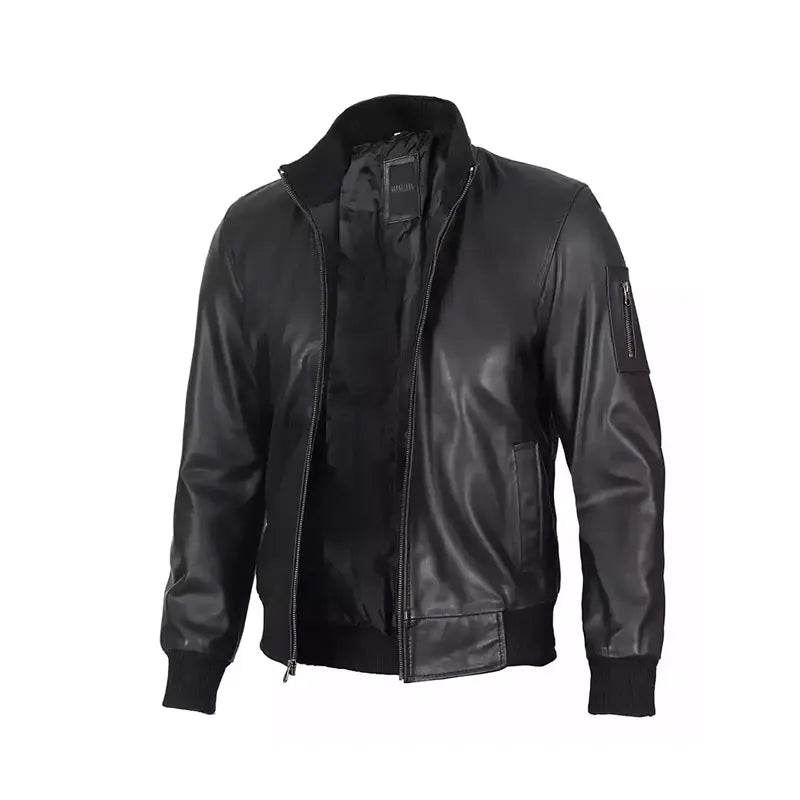 Black Cowhide Leather Bomber Jacket - For Men
