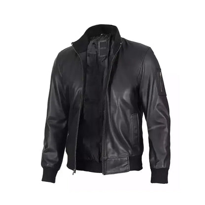 Black Cowhide Leather Bomber Jacket - For Men
