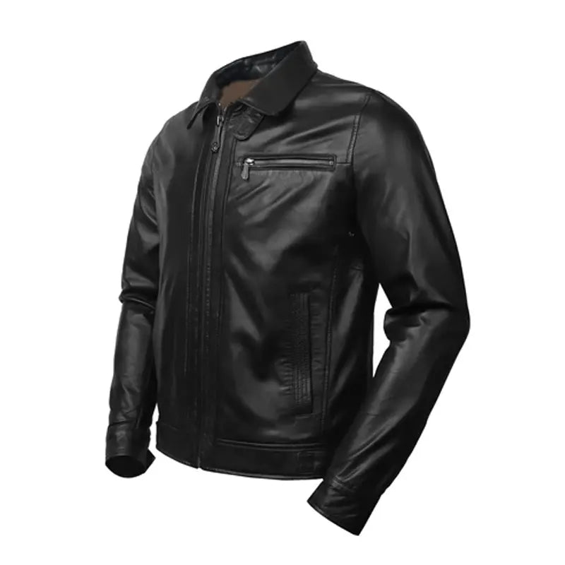 Men's Black Leather Club Collar Regular Fit Jacket