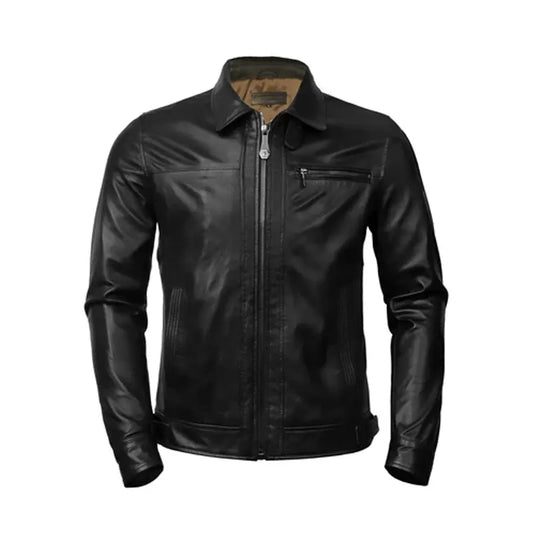 Men's Black Leather Club Collar Regular Fit Jacket