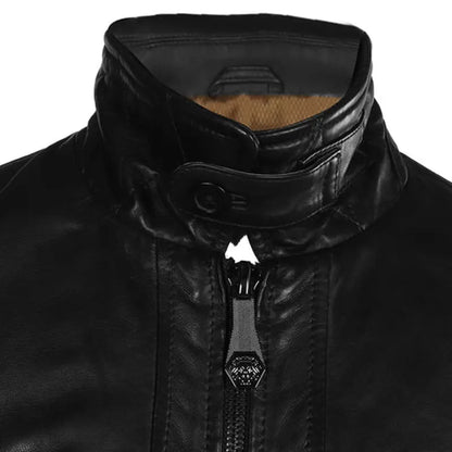 Men's Black Leather Club Collar Regular Fit Jacket