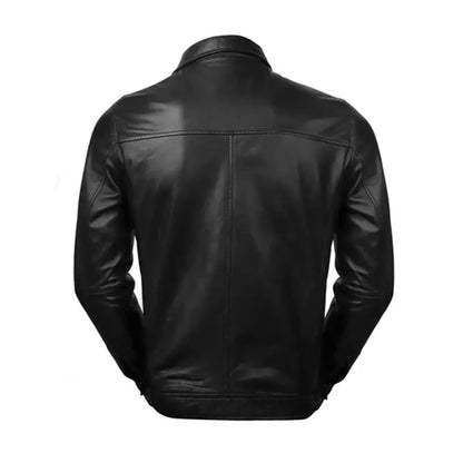 Men's Black Leather Club Collar Regular Fit Jacket