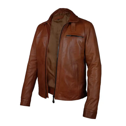 Men's Brown Leather Club Collar Regular Fit Jacket