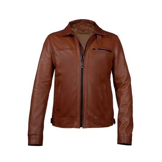 Men's Brown Leather Club Collar Regular Fit Jacket