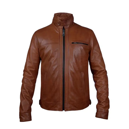 Men's Brown Leather Club Collar Regular Fit Jacket