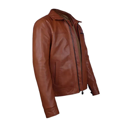 Men's Brown Leather Club Collar Regular Fit Jacket