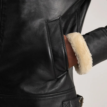 Francis B-3 Black & Cream Leather Bomber Jacket