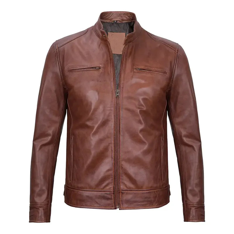 Mens Cognac Cafe Racer Leather Jacket