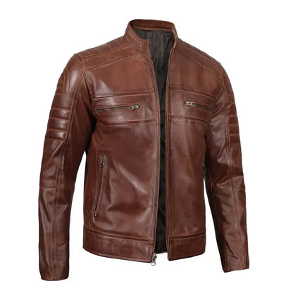 Men Cognac Slim Fit Cafe Racer Leather Jacket