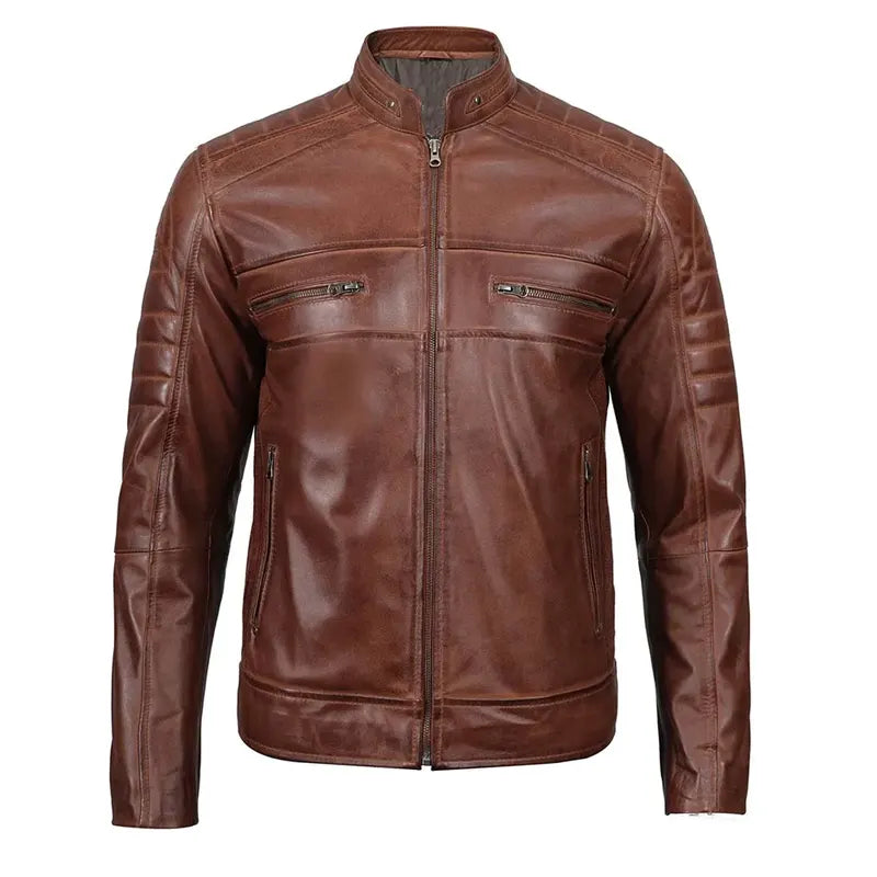 Men Cognac Slim Fit Cafe Racer Leather Jacket