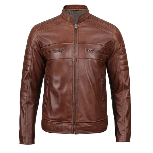 Men Cognac Slim Fit Cafe Racer Leather Jacket