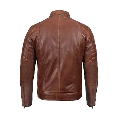 Men Cognac Slim Fit Cafe Racer Leather Jacket