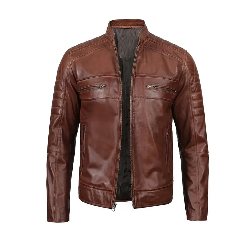 Men Cognac Slim Fit Cafe Racer Leather Jacket