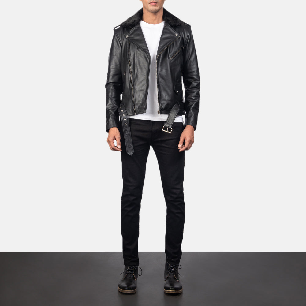 Furton Black Leather Biker Jacket