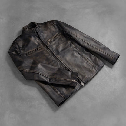 Ionic Distressed Brown Leather Biker Jacket