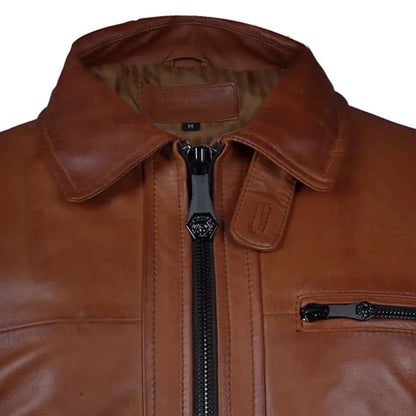 Men's Brown Leather Club Collar Regular Fit Jacket