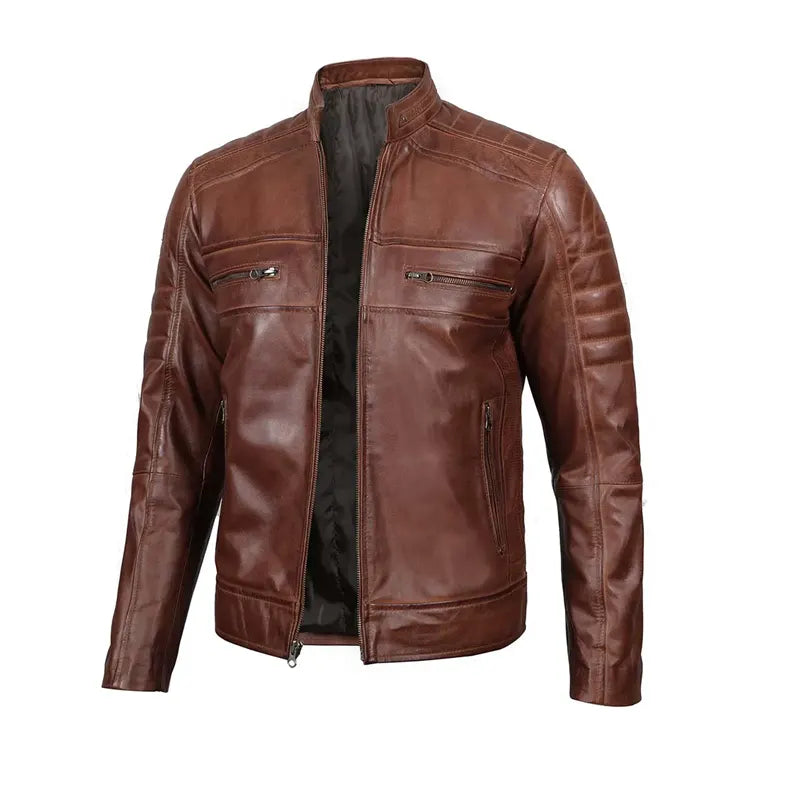 Men Cognac Slim Fit Cafe Racer Leather Jacket