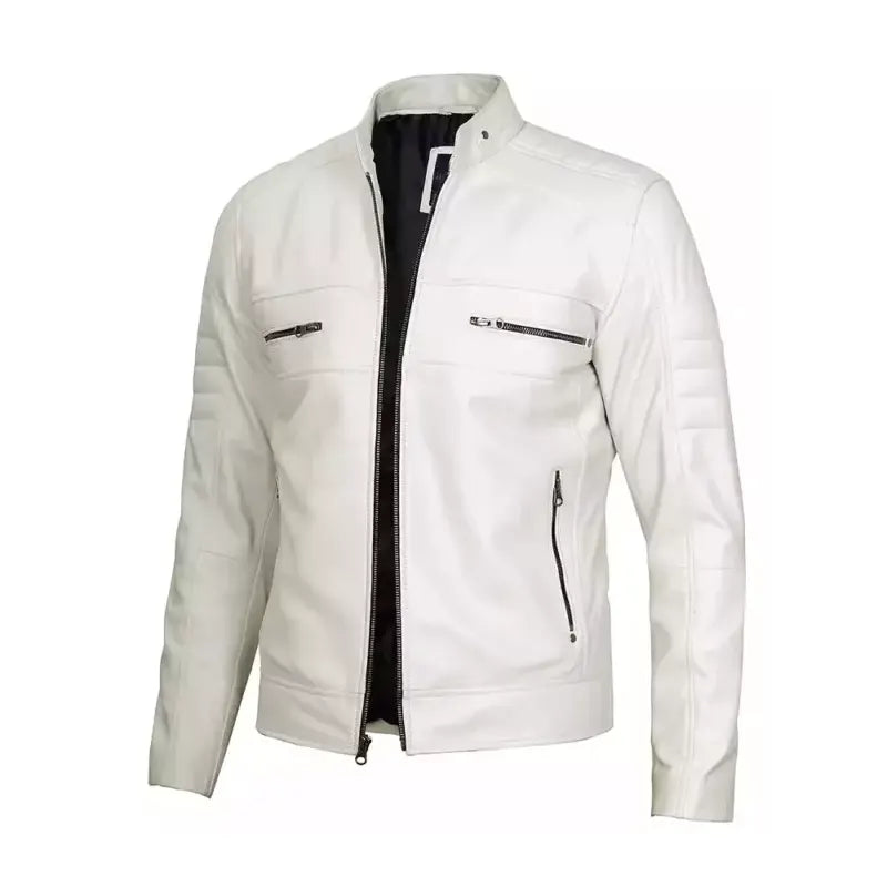 Off White Café Racer Leather Jacket For Sale
