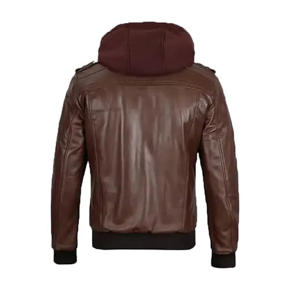 Men's Dark Brown Leather Bomber Jacket With Hood