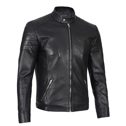 Mens Black Cafe Racer Real Leather Jacket