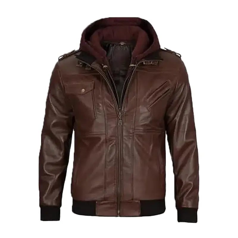 Men's Dark Brown Leather Bomber Jacket With Hood