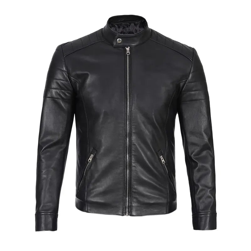 Mens Black Cafe Racer Real Leather Jacket