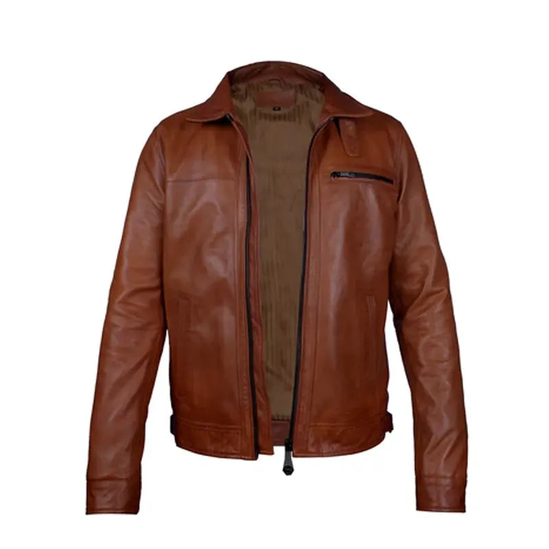 Men's Brown Leather Club Collar Regular Fit Jacket