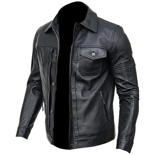 Mens Slim Fit Classic Black Trucker Leather Jacket