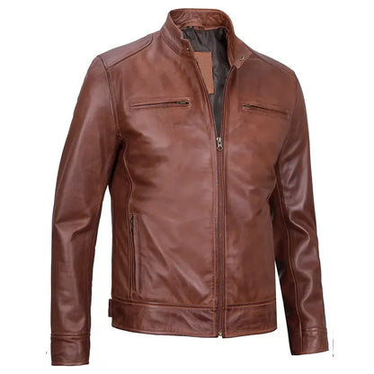 Mens Cognac Cafe Racer Leather Jacket