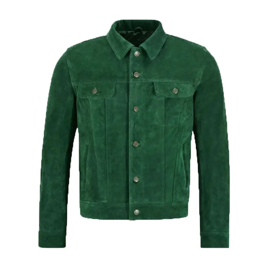 Mens Green Trucker Style Suede Leather Jacket