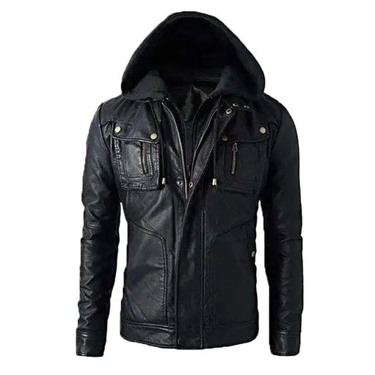 Mens Hooded Black Leather Jacket