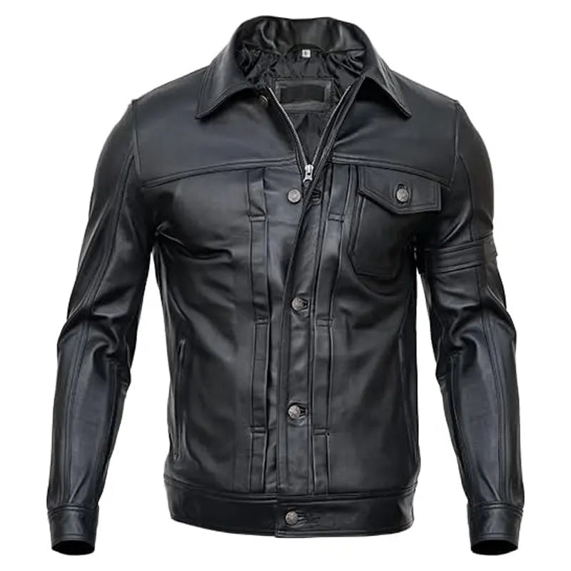 Mens Slim Fit Classic Black Trucker Leather Jacket