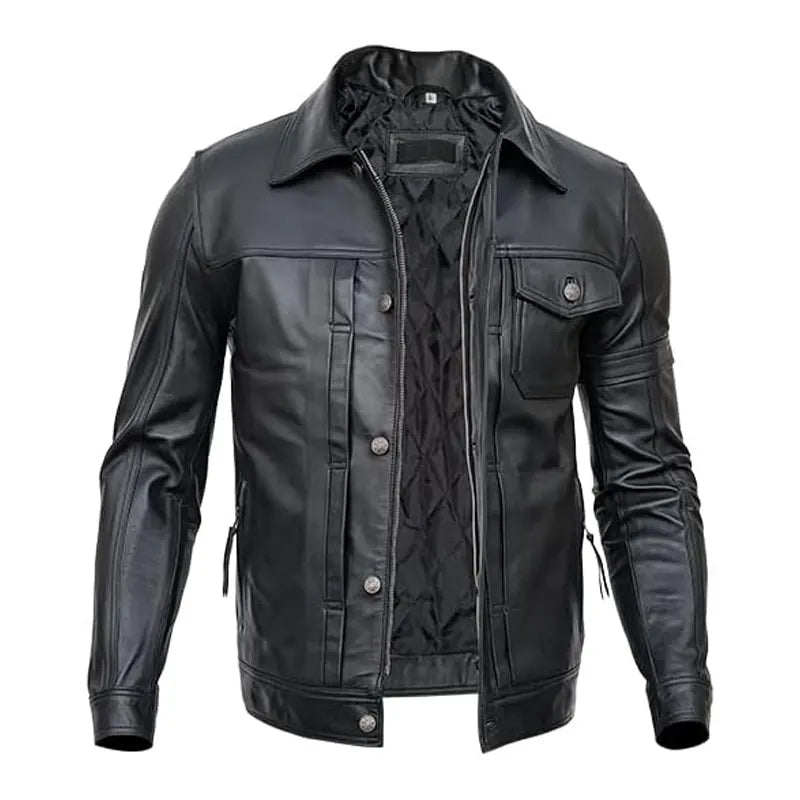 Mens Classic Black Trucker Leather Jacket