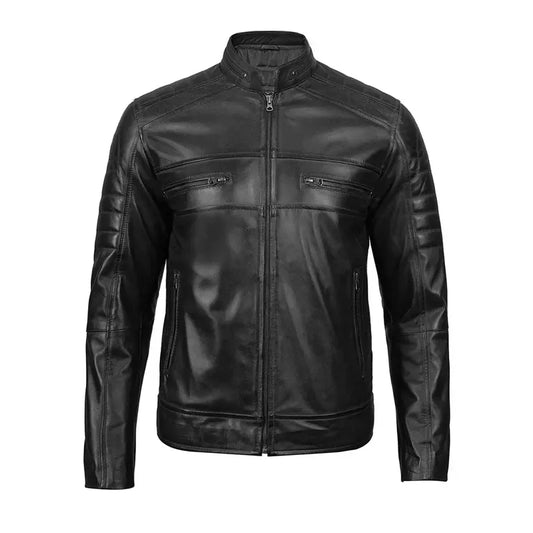 Mens Snap Tab Collar Black Cafe Racer Leather Jacket