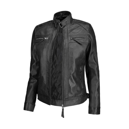 Women Black Slim fit Quilted Leather Jacket