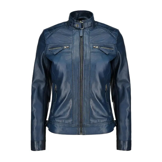 Women Blue Quilted Biker Leather Jacket