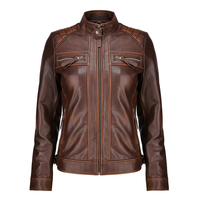 Women Brown Quilted Shoulder Biker Leather Jacket