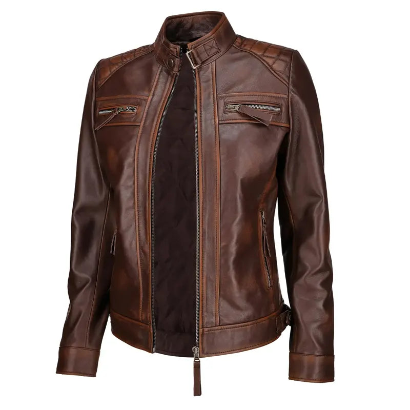 Women Brown Quilted Shoulder Biker Leather Jacket