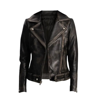 Women Distressed Leather Biker Jacket