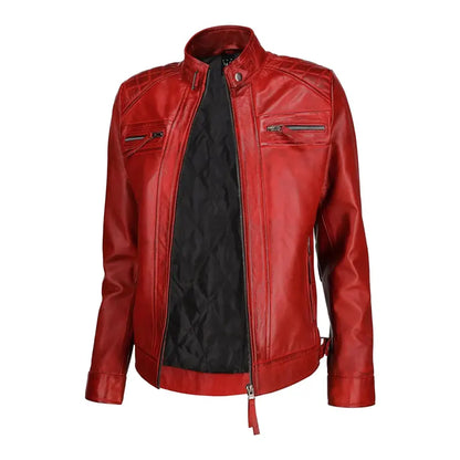 Women Red Slim fit Quilted Leather Jacket