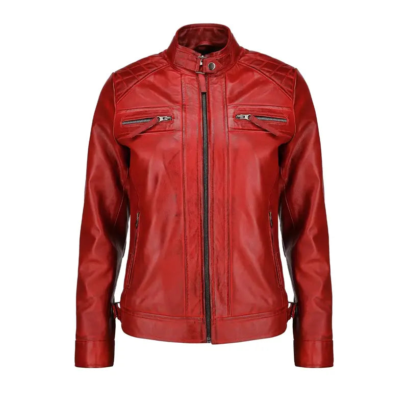 Women Red Slim fit Quilted Leather Jacket