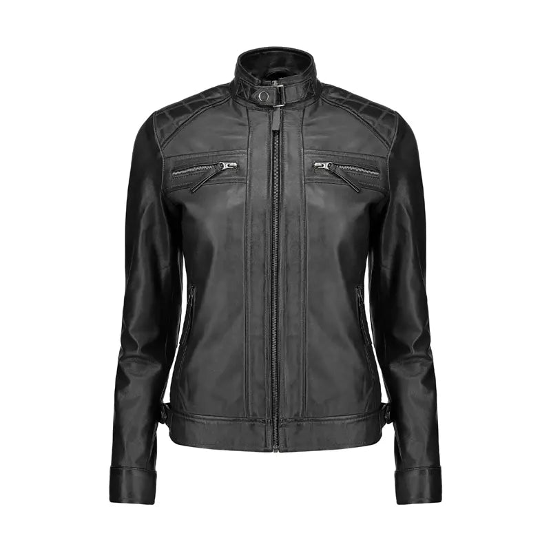 Women Black Slim fit Quilted Leather Jacket