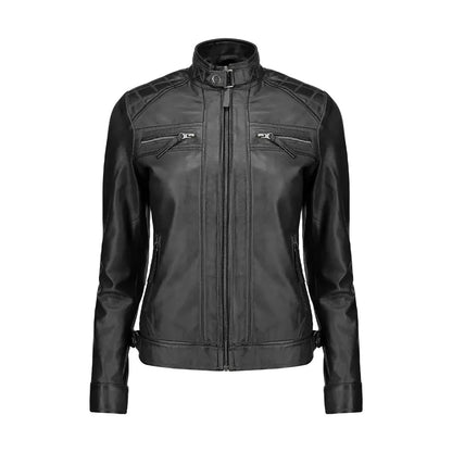 Women Black Slim fit Quilted Leather Jacket