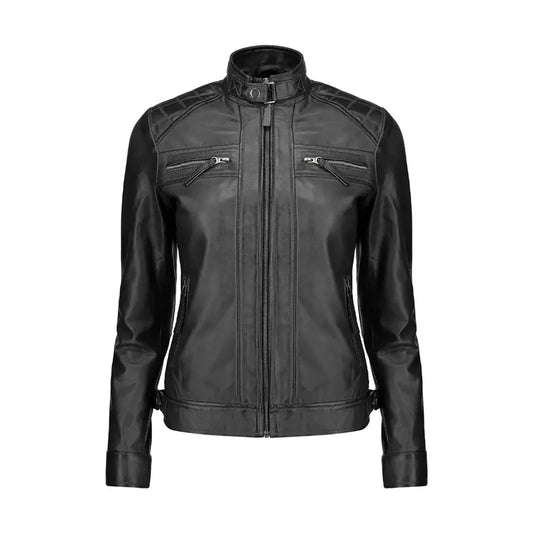 Women Black Slim fit Quilted Leather Jacket